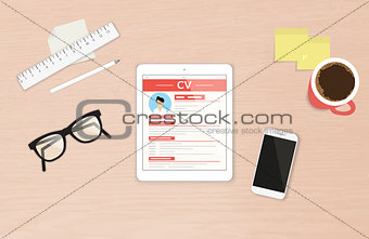 Realistic desktop design with CV template presentation on the tablet pc display