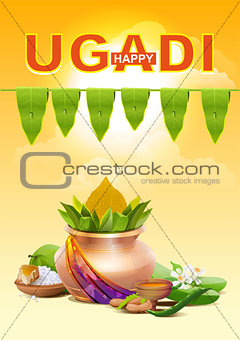 Happy Ugadi. Template greeting card for holiday Ugadi. Gold pot
