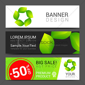 Set vector banners fresh green leaves Spring or summer nature