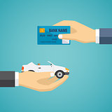 Human hands exchanging credit card and car