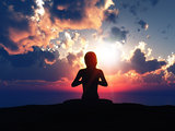 3D female in yoga pose against a sunset sky