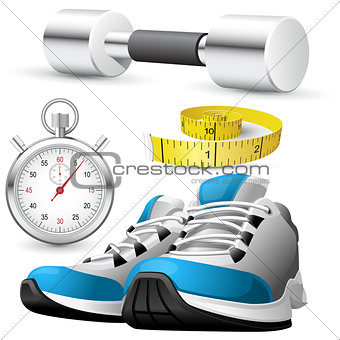 Pair of running shoes, stopwatch and measuring tape