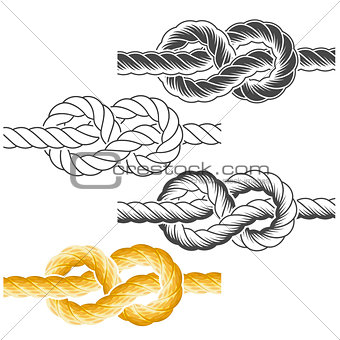 Rope knots in full-color, textured and contour drawings