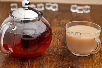Set glass teapot and cup of tea with milk
