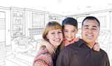 Young Mixed Race Family Over Living Room Drawing On White