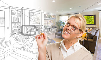 Woman With Pencil Over Living Room Design Drawing and Photo