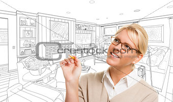 Woman With Pencil Over Living Room Design Drawing