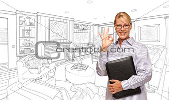 Woman with Okay Sign Over Living Room Drawing Photo