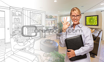 Woman with Okay Sign Over Bedroom Drawing and Photo Combination