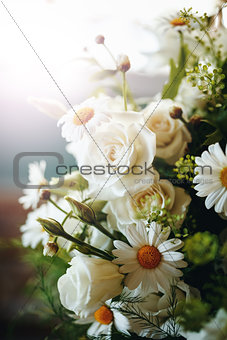 Fresh Bouquet of White Rose and Chamomile Close Up