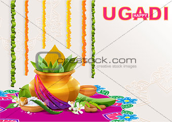 Happy Ugadi. Template greeting card for holiday Ugadi. Gold pot with coconut
