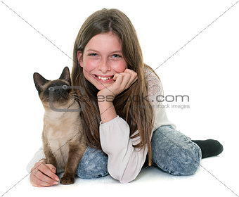 child and siamese cat