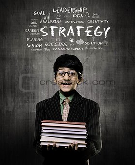 Genius Little Boy Holding Books Wearing Glasses, Planing Strategy