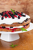 Mulberry and red currant cake with whipped cream