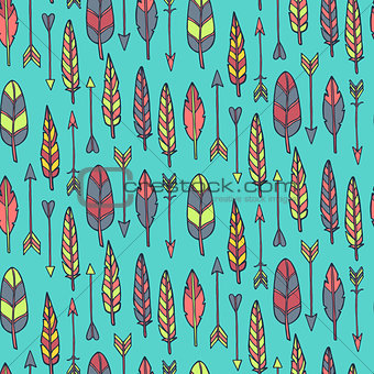 Seamless pattern with arrows and feathers