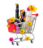 Cosmetics in shopping cart with flowers