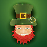 Portrait of Leprechaun. Irish man with clover leaf and hat. St. 