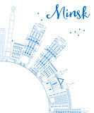 Outline Minsk skyline with blue buildings and copy space.