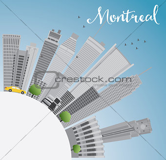 Montreal skyline with grey buildings, blue sky and copy space. 