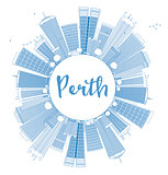 Outline Perth skyline with blue buildings and copy space