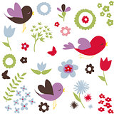 Birds and flowers, spring background