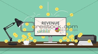 online business review with gold coin computer illustration on desk