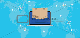 online delivery concept product laptop background world map air plane