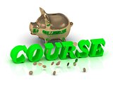 COURSE- inscription of green letters and gold Piggy 