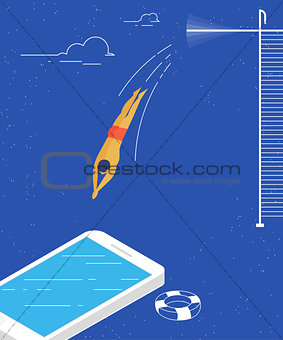 Man jumps into the smartphone conceptual illustration of social networking and content consuming