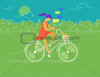 Young woman rides white outlined bicycle