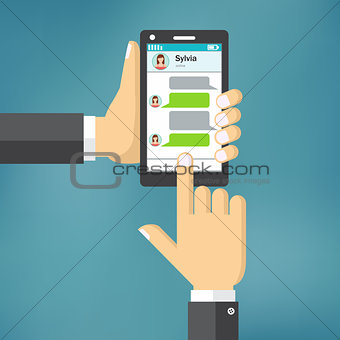 Hand Holding Phone with Message Template.