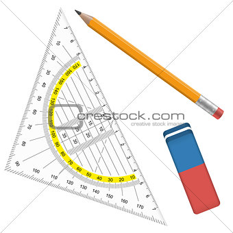 pencil, eraser and protractor