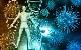 Medical background with 3D virus cells and blood cells and male 