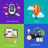 Business banners, start-up, buy in one click, business idea and mobile marketing. Vector flat