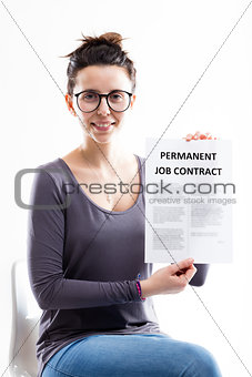 sitting woman showing her job contract