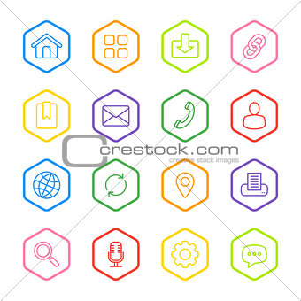 colorful line web icon set with hexagon frame