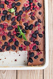 Gingerbread cake with mulberries and red currants