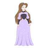 Beautiful brunette princess in womanly lilac dress with spangles