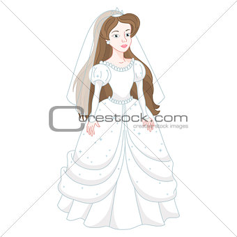 Beautiful brunette bride, gentle princess in white wedding dress