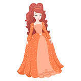 Gorgeous princess in shining peach dress with spangles