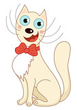 Cartoon smiling beige gentleman cat with red bow sit