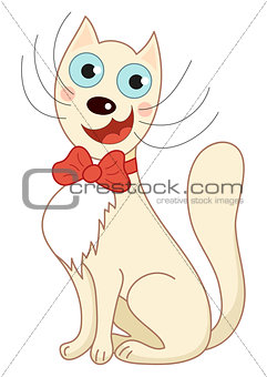 Cartoon smiling beige gentleman cat with red bow sit