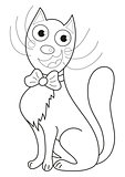 Cartoon smiling gentleman cat with bow sit, coloring book page for children