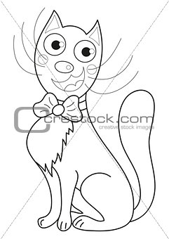 Cartoon smiling gentleman cat with bow sit, coloring book page for children