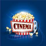 Camera film strip and popcorn on blue background. Detailed vector illustration