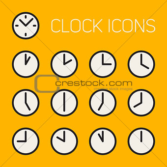 Set of Thirteen Vector Minimalistic Line Art Geometric Black and White Round Clock Time Icons