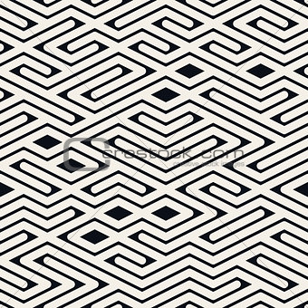 Vector Seamless Black and White Rounded Line Maze Irregular Pattern
