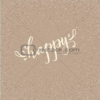 Handdrawn lettering of the word happy with decorative elements on a pleasant beige background.