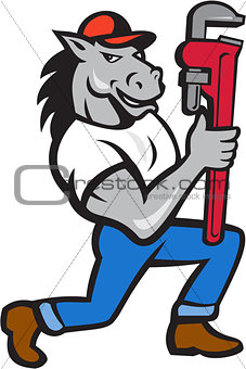 Horse Plumber Kneeling Monkey Wrench Cartoon