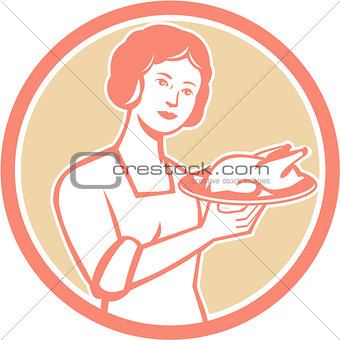 Housewife Serving Chicken Roast Circle Retro